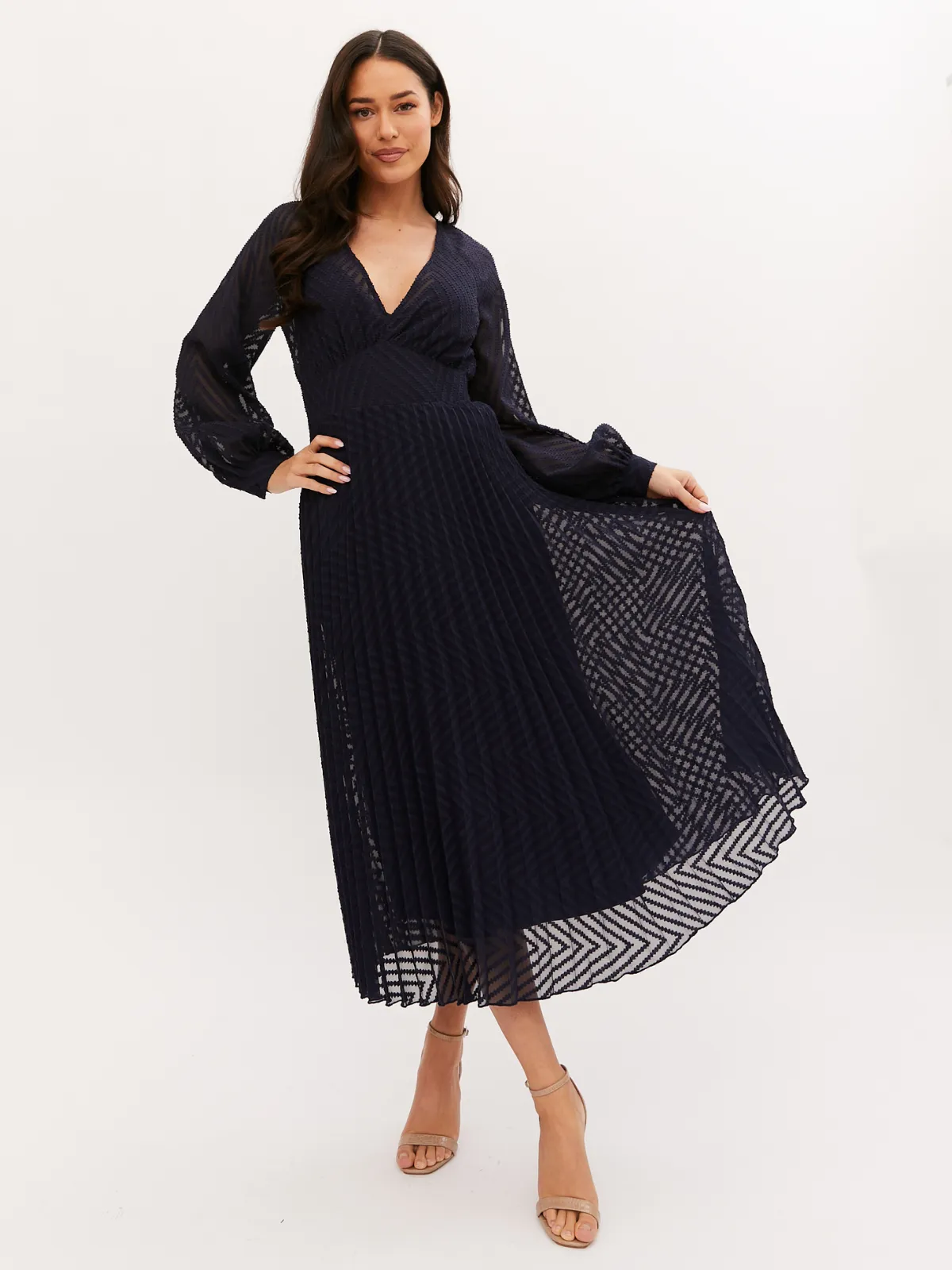 Dannica Pleated Balloon Sleeve Maxi Dress / Navy