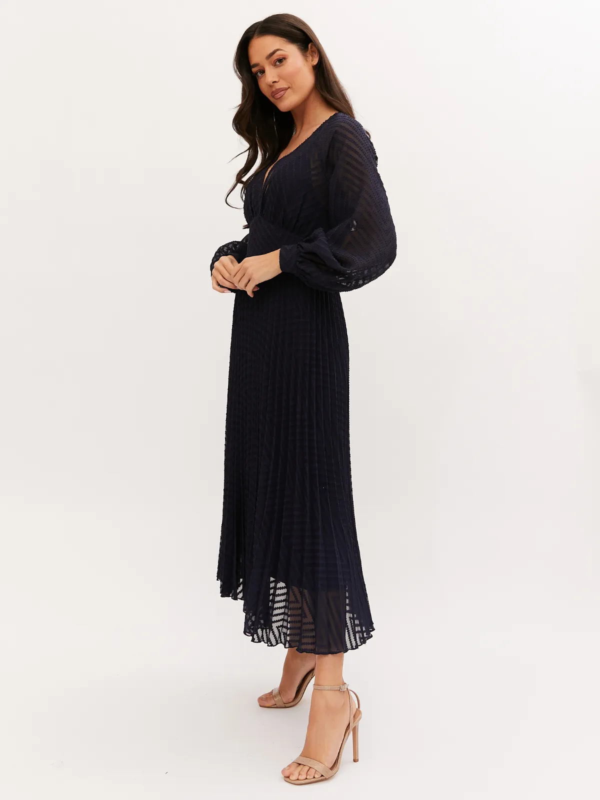 Dannica Pleated Balloon Sleeve Maxi Dress / Navy