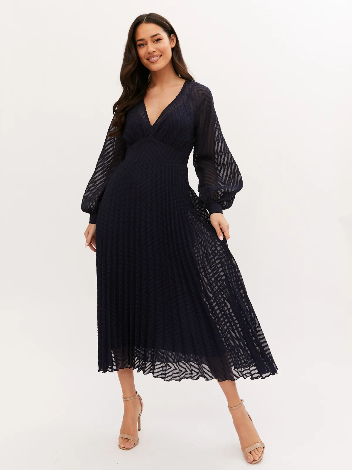 Dannica Pleated Balloon Sleeve Maxi Dress / Navy