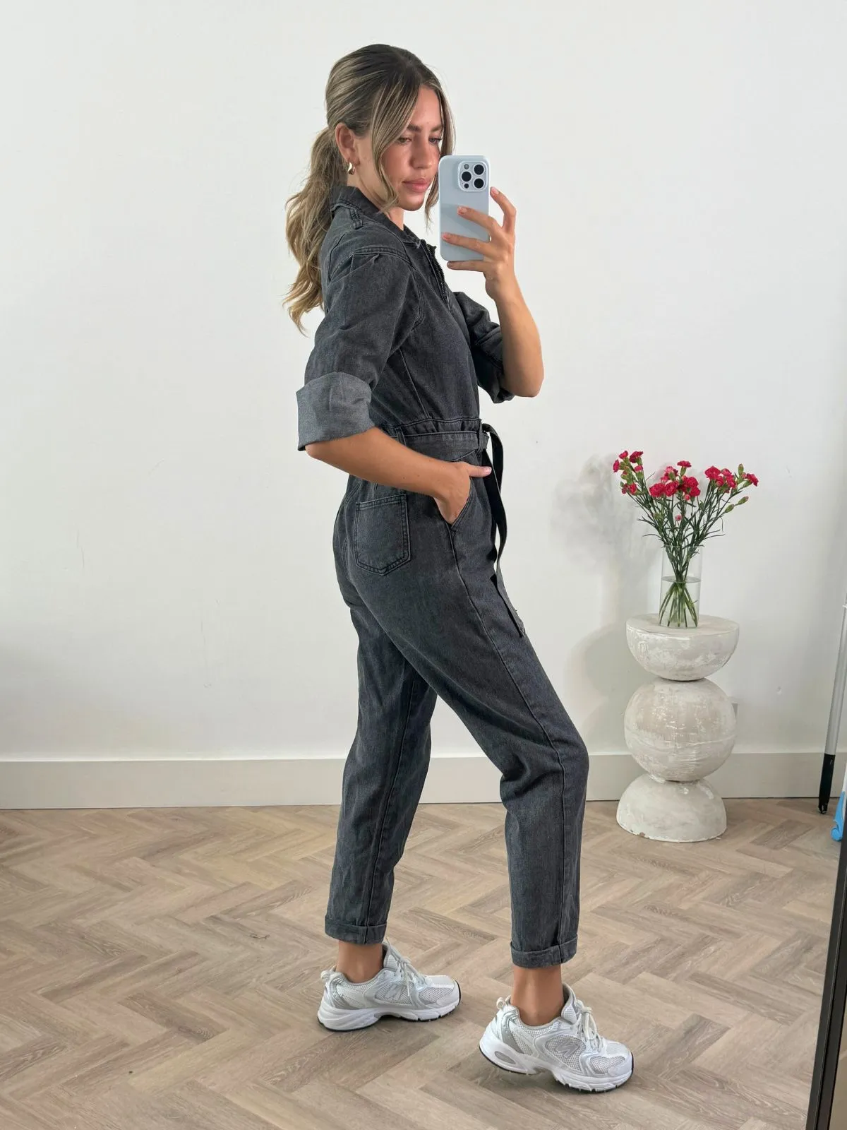 Enya Denim Jumpsuit in Washed Black