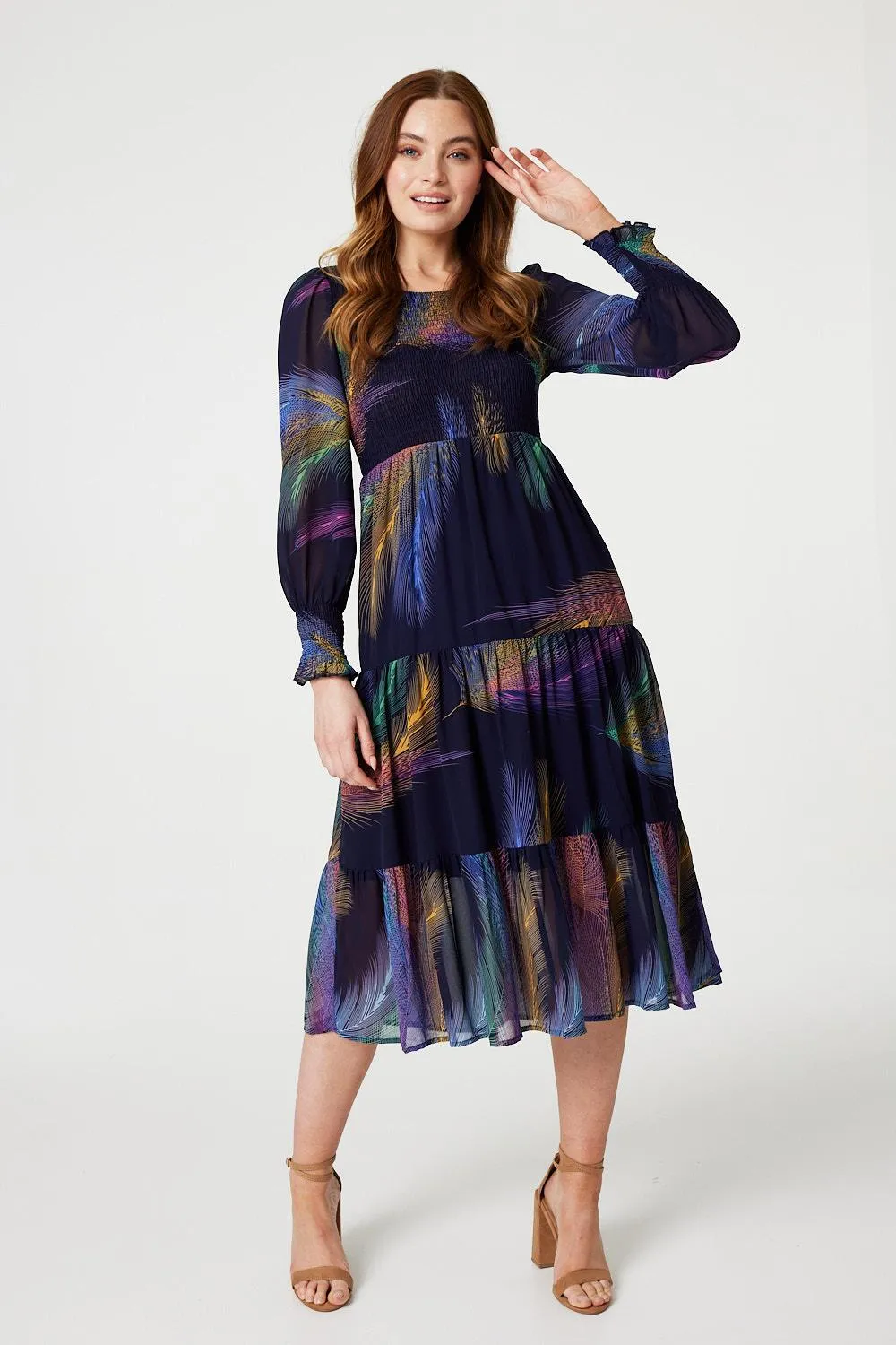 Feather Print Midi Smock Dress