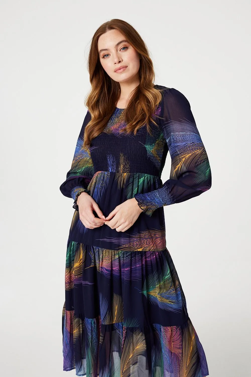 Feather Print Midi Smock Dress