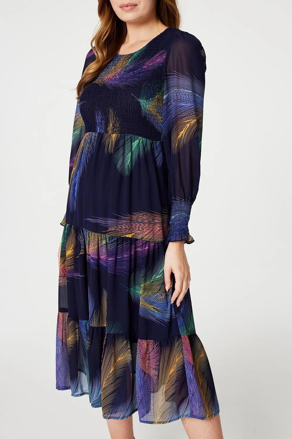 Feather Print Midi Smock Dress