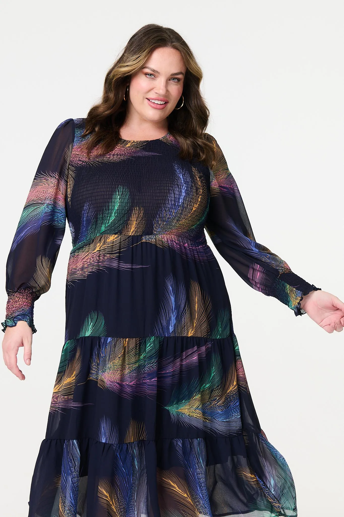 Feather Print Midi Smock Dress