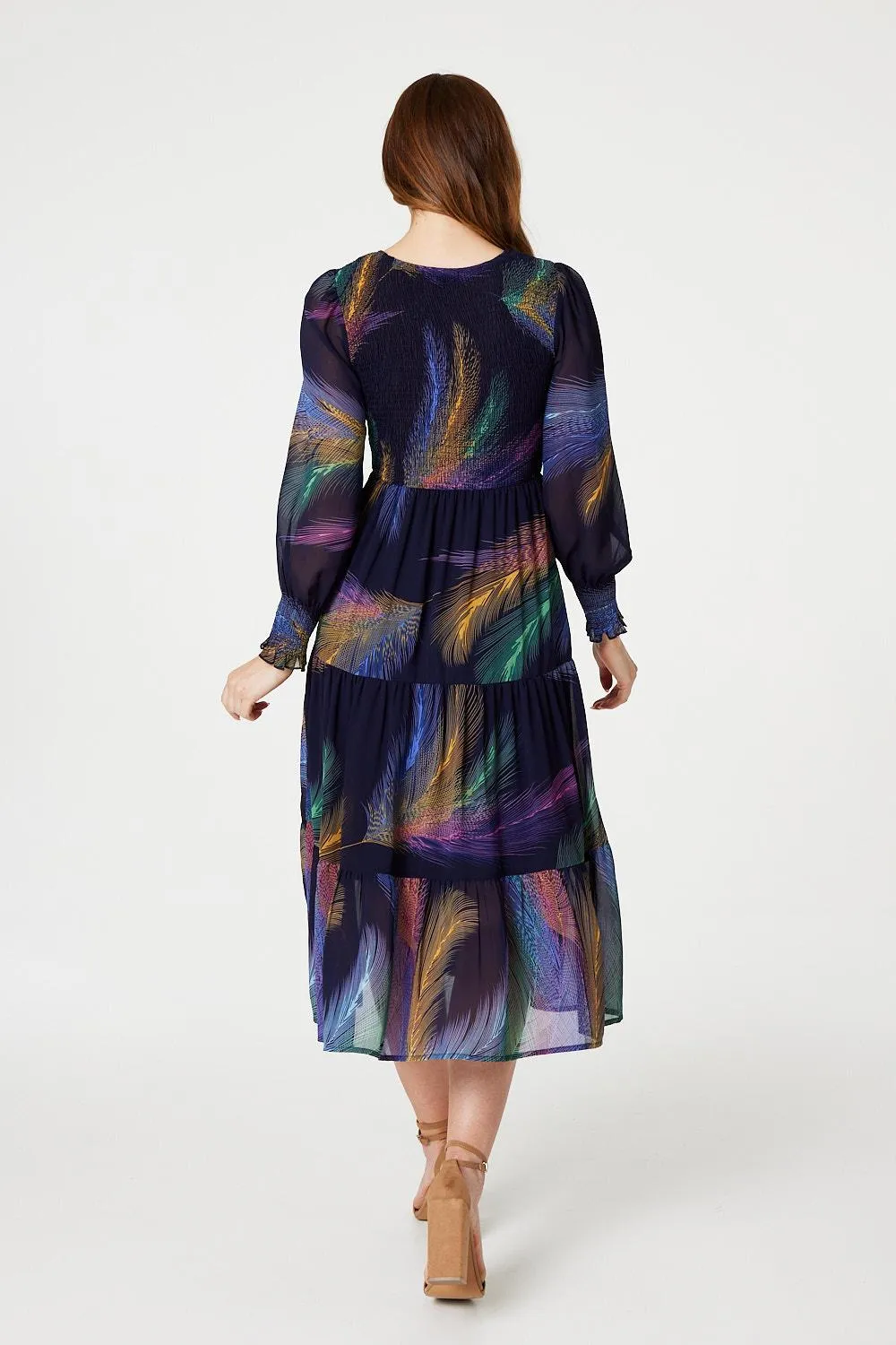 Feather Print Midi Smock Dress