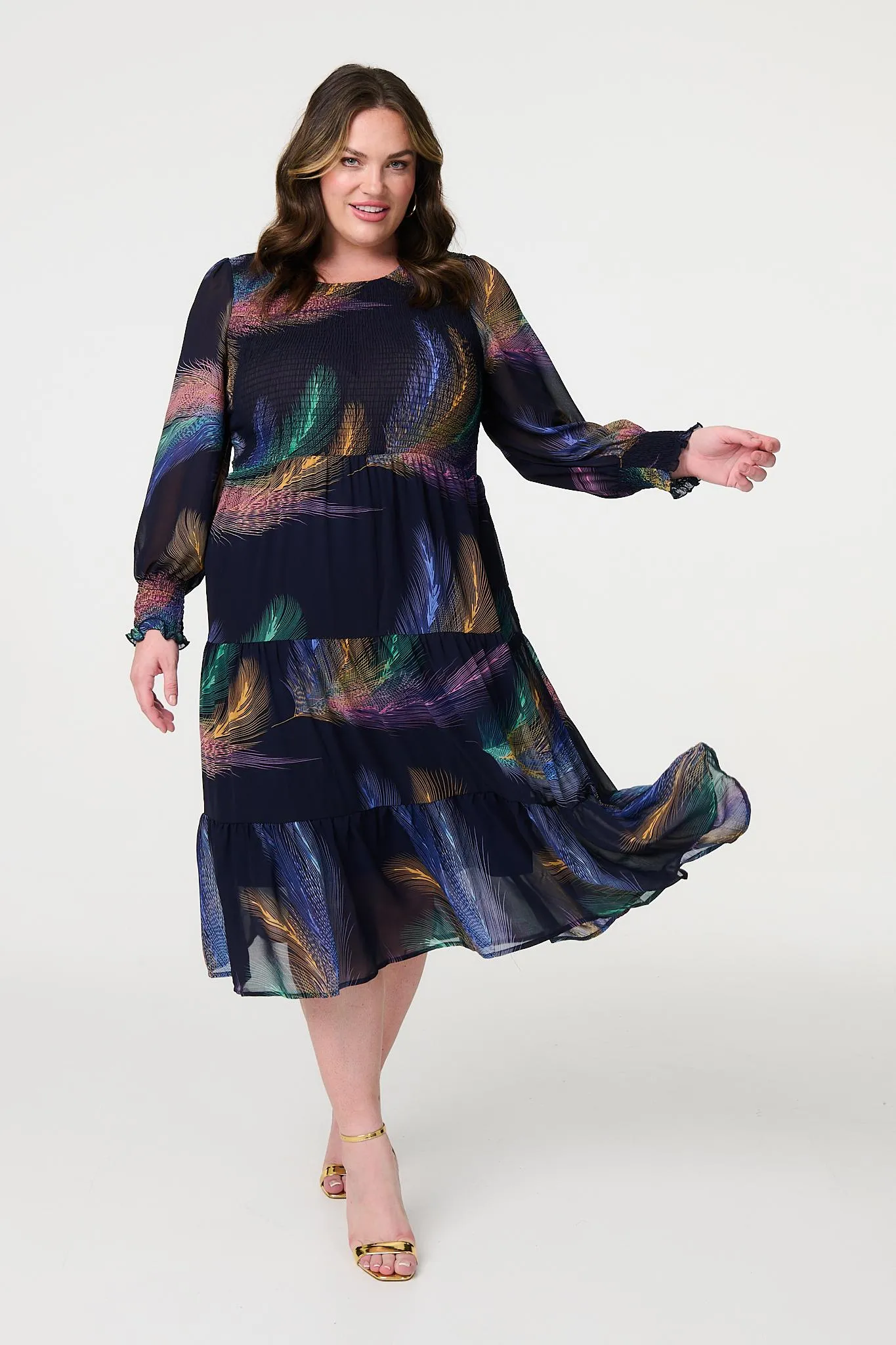 Feather Print Midi Smock Dress