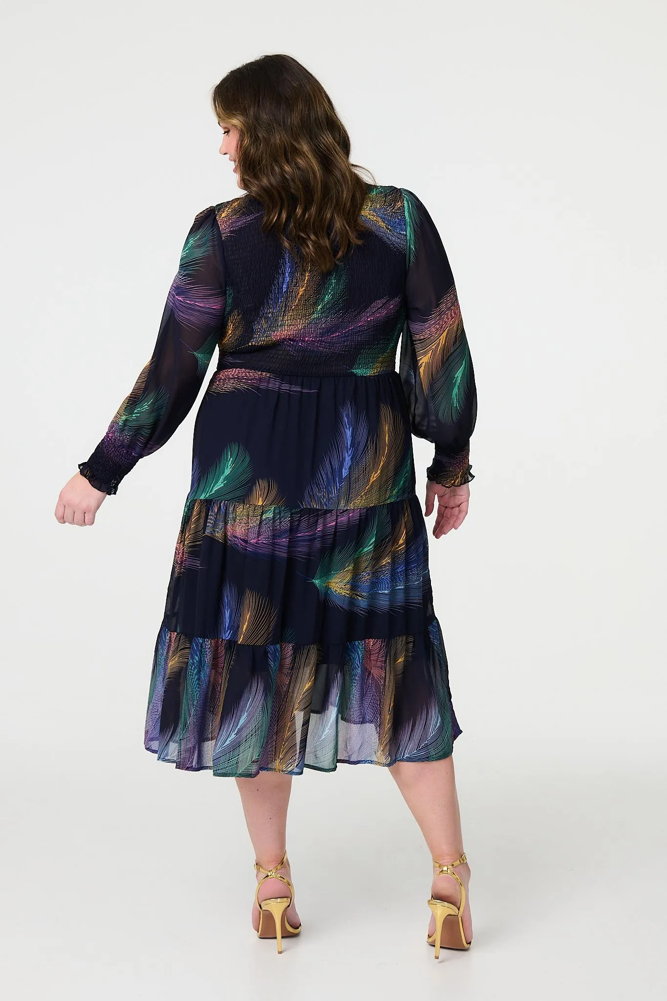 Feather Print Midi Smock Dress