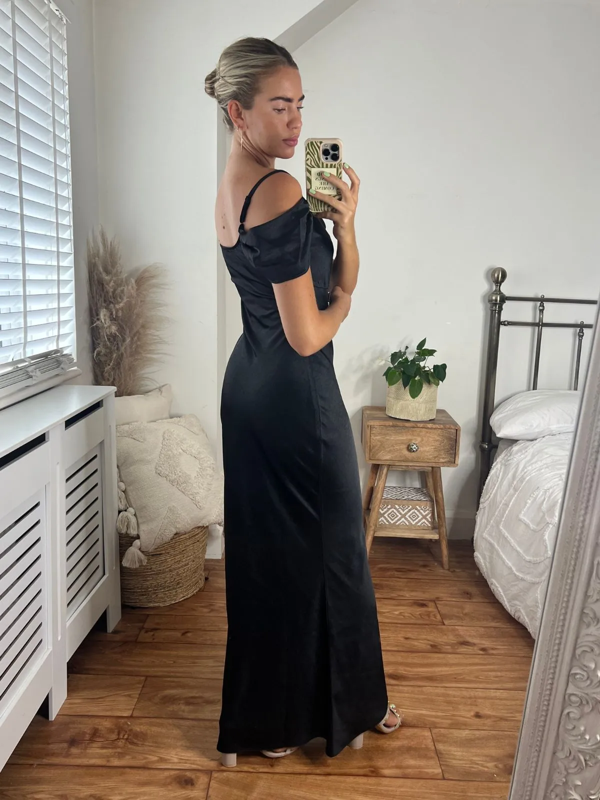 Felicity Cold Shoulder Satin Maxi Dress / Black