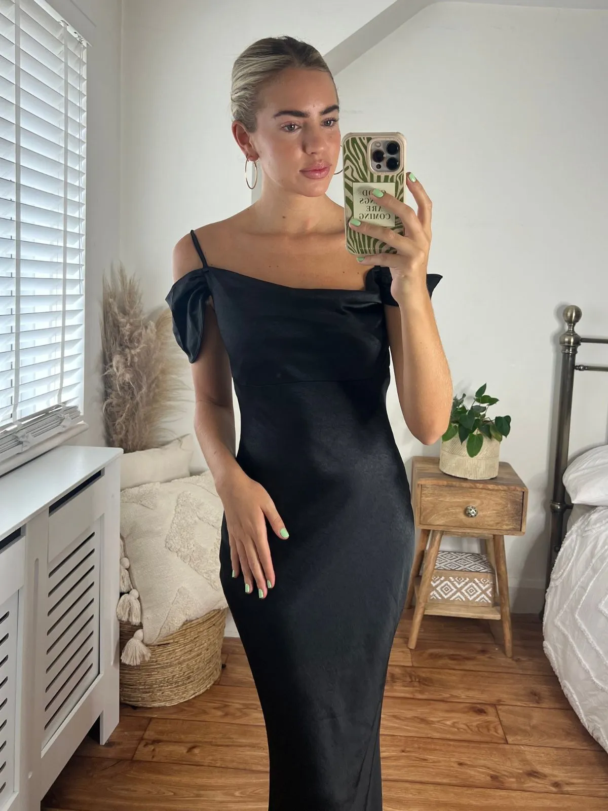 Felicity Cold Shoulder Satin Maxi Dress / Black