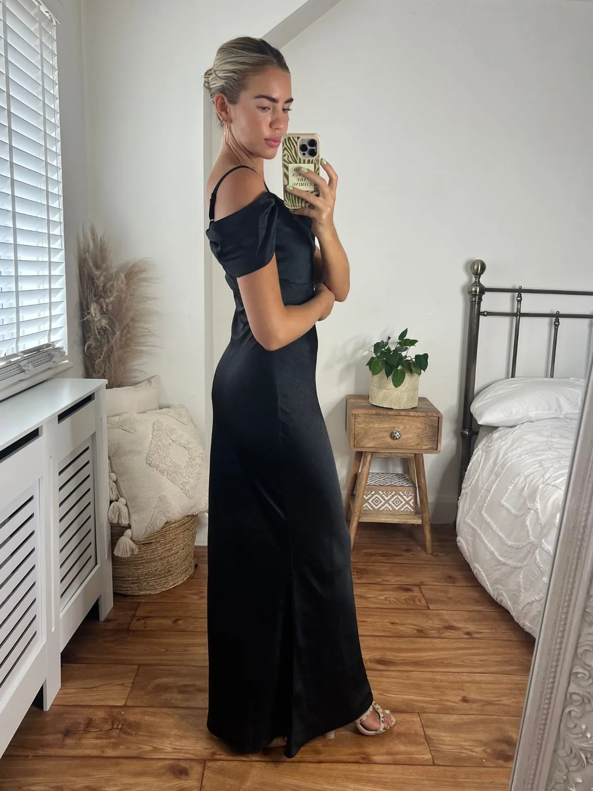 Felicity Cold Shoulder Satin Maxi Dress / Black