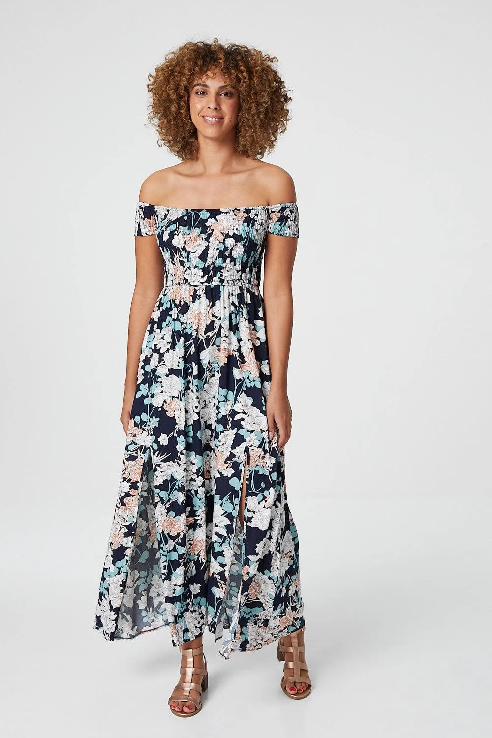 Floral Bardot Shirred Maxi Dress