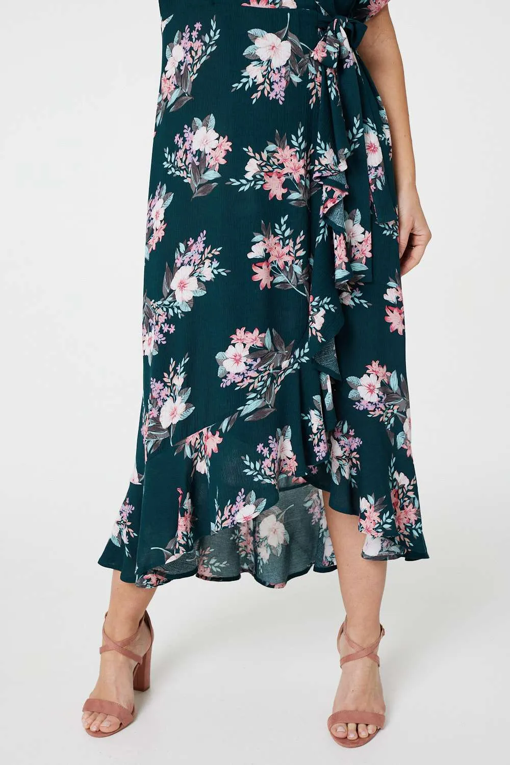 Floral Frill Hem Midi Wrap Dress