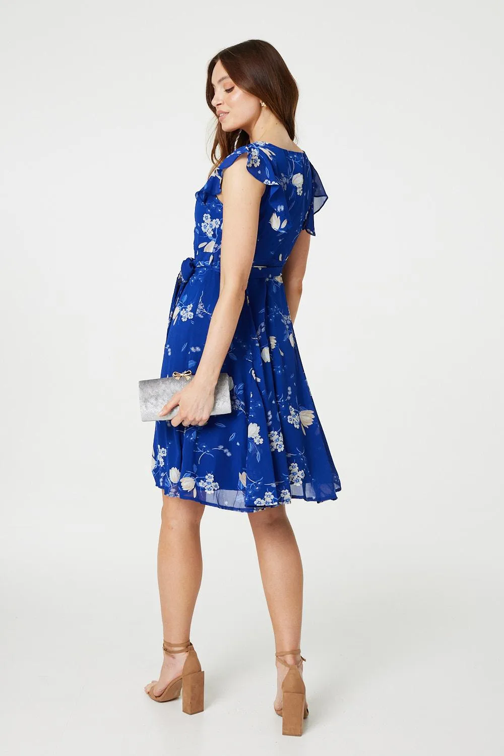 Floral Frilled Knee Length Wrap Dress