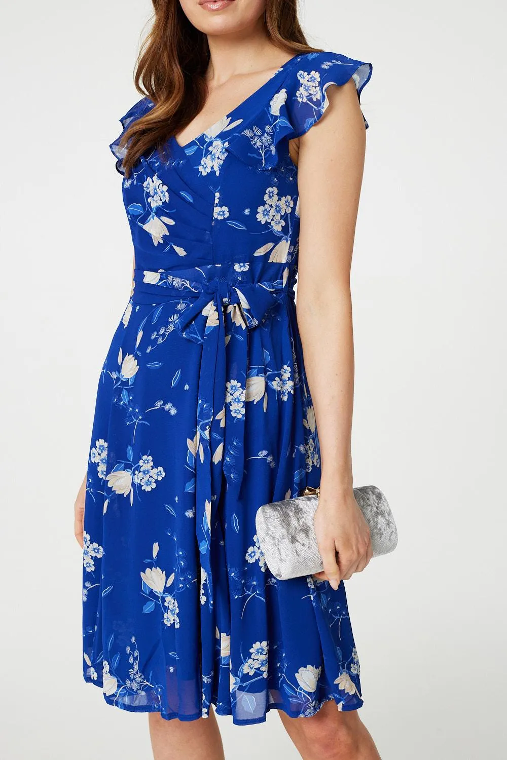 Floral Frilled Knee Length Wrap Dress