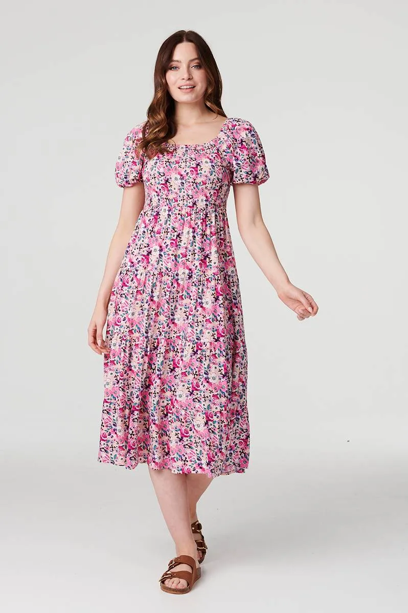 Floral Puff Sleeve Smock Midi Dress