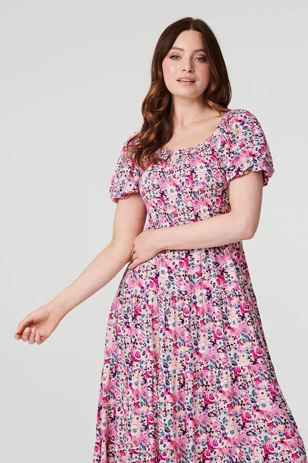 Floral Puff Sleeve Smock Midi Dress