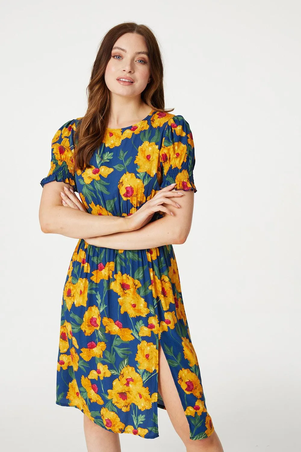 Floral Split Front Midi Tea Dress