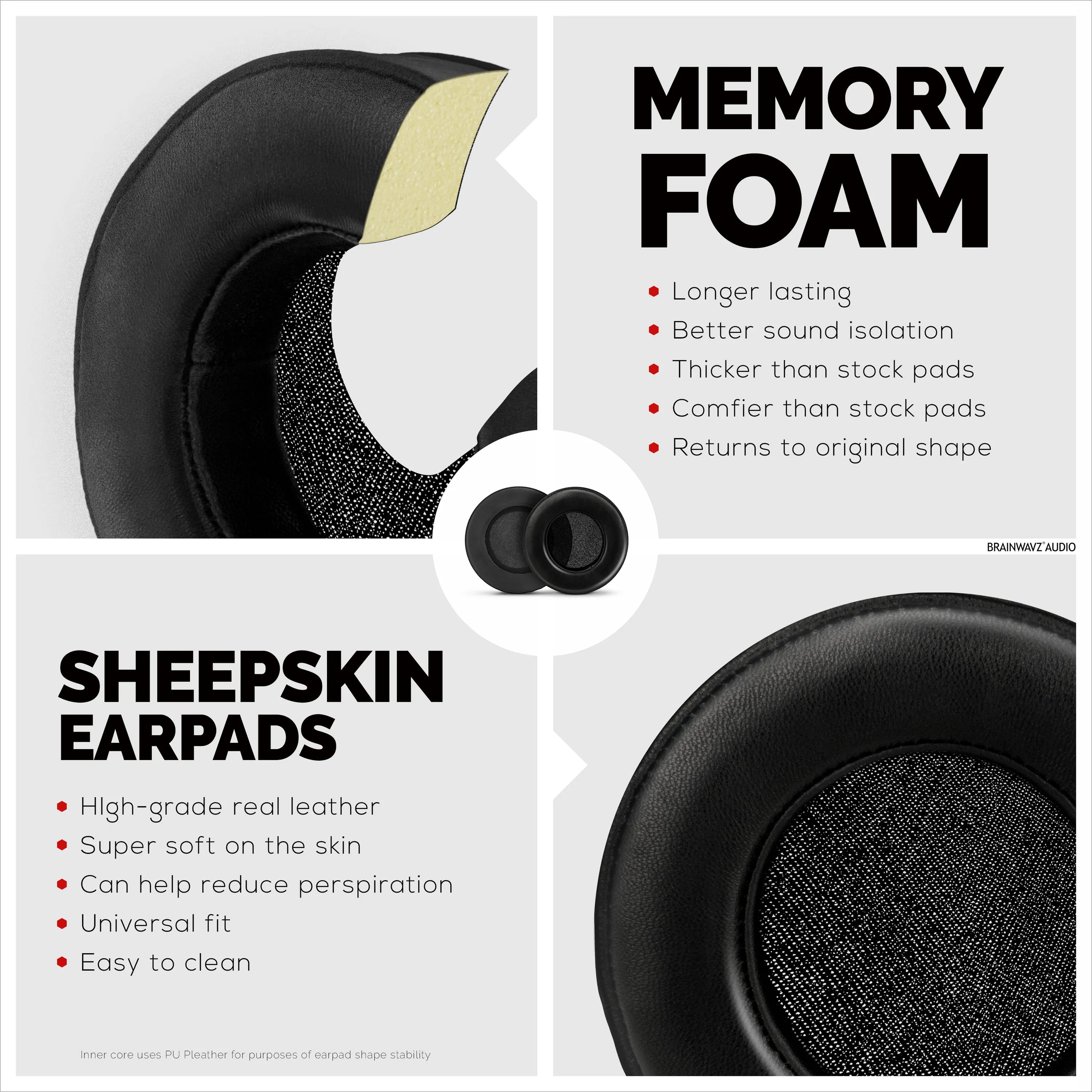 Headphone Memory Foam Earpads - Round  - Sheepskin Leather