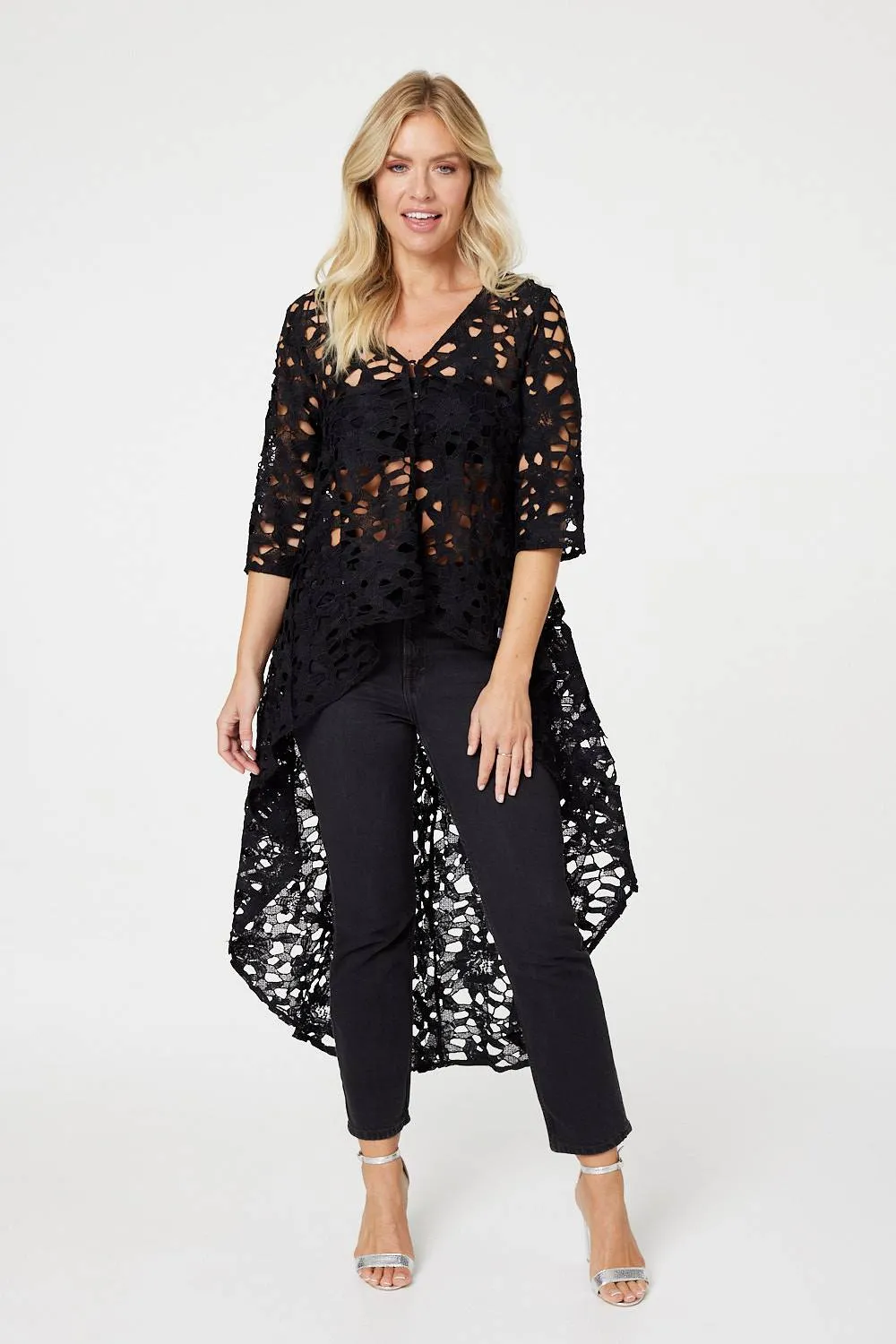 Lace Semi Sheer Drop Hem Top