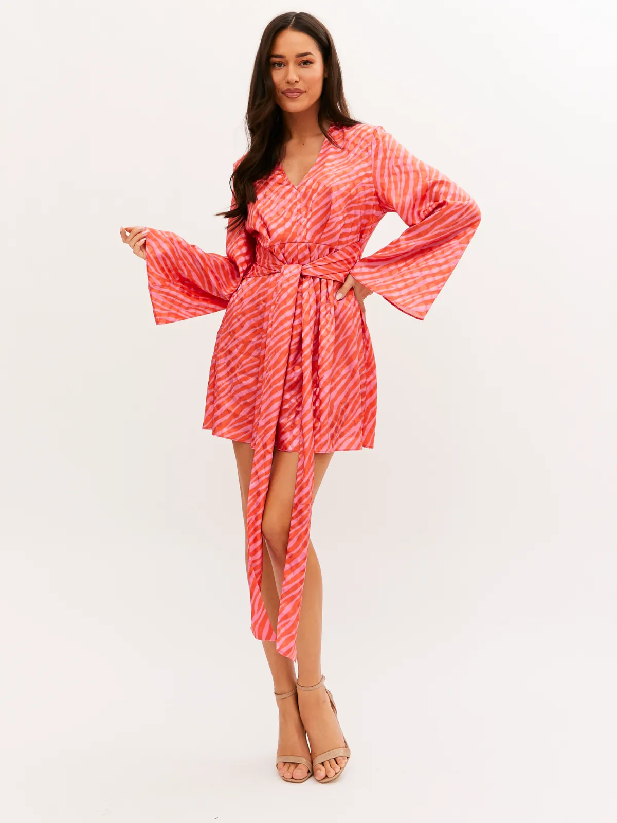 Lois Tie Front Jacquard Dress in Pink and Red