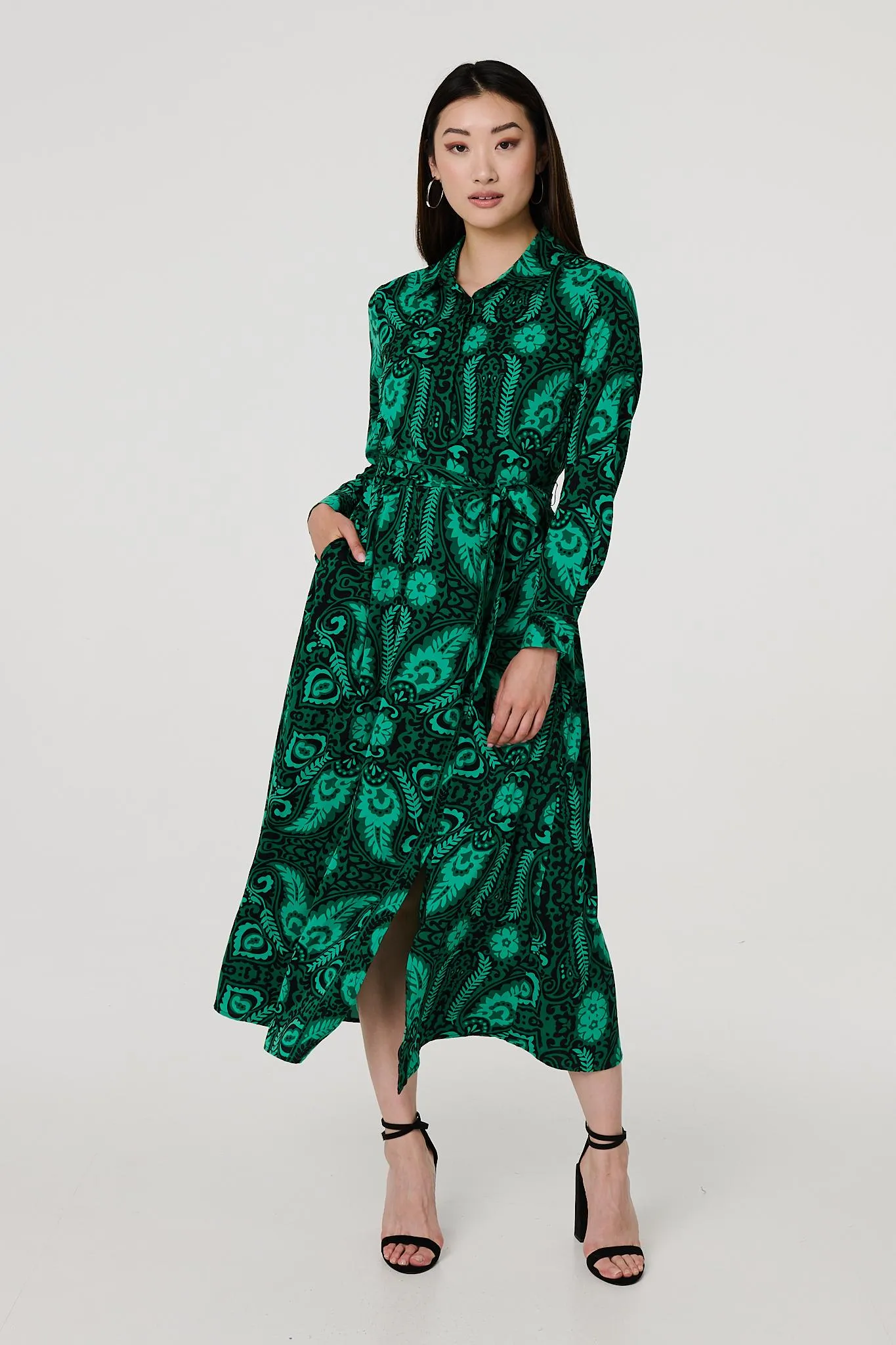 Paisley Long Sleeve Midi Shirt Dress