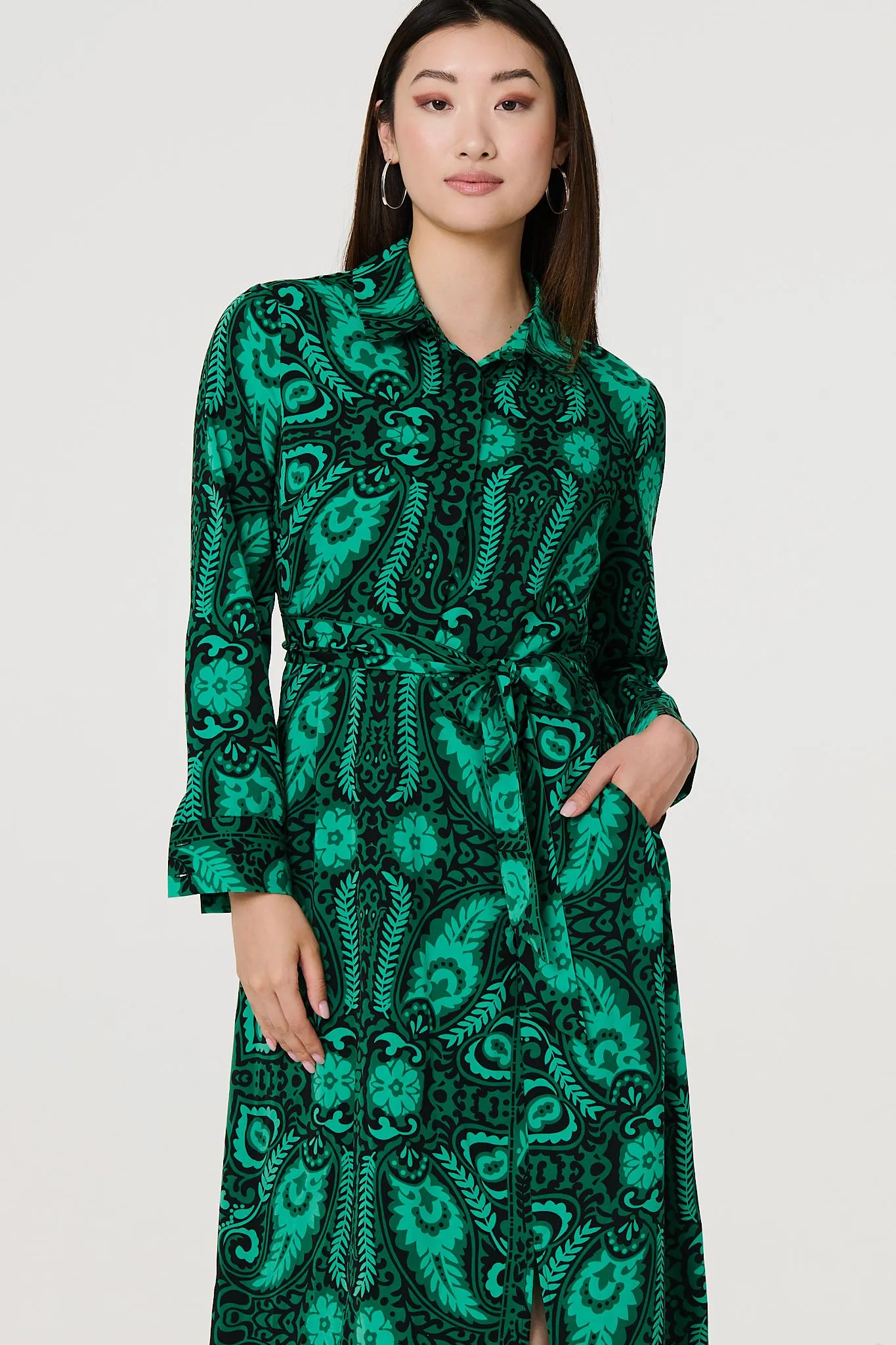 Paisley Long Sleeve Midi Shirt Dress