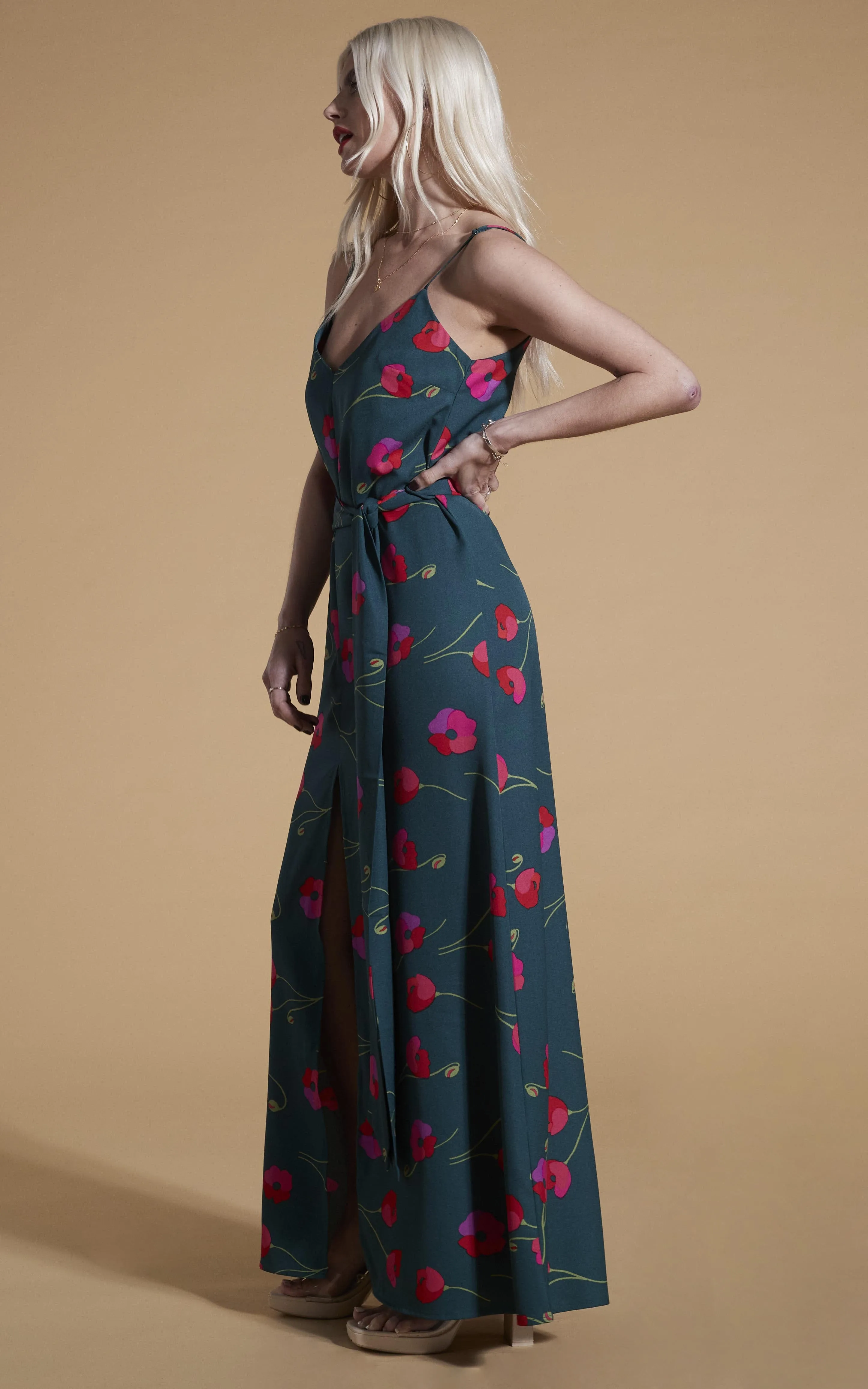 Sookie Dress In Poppies On Dark Green