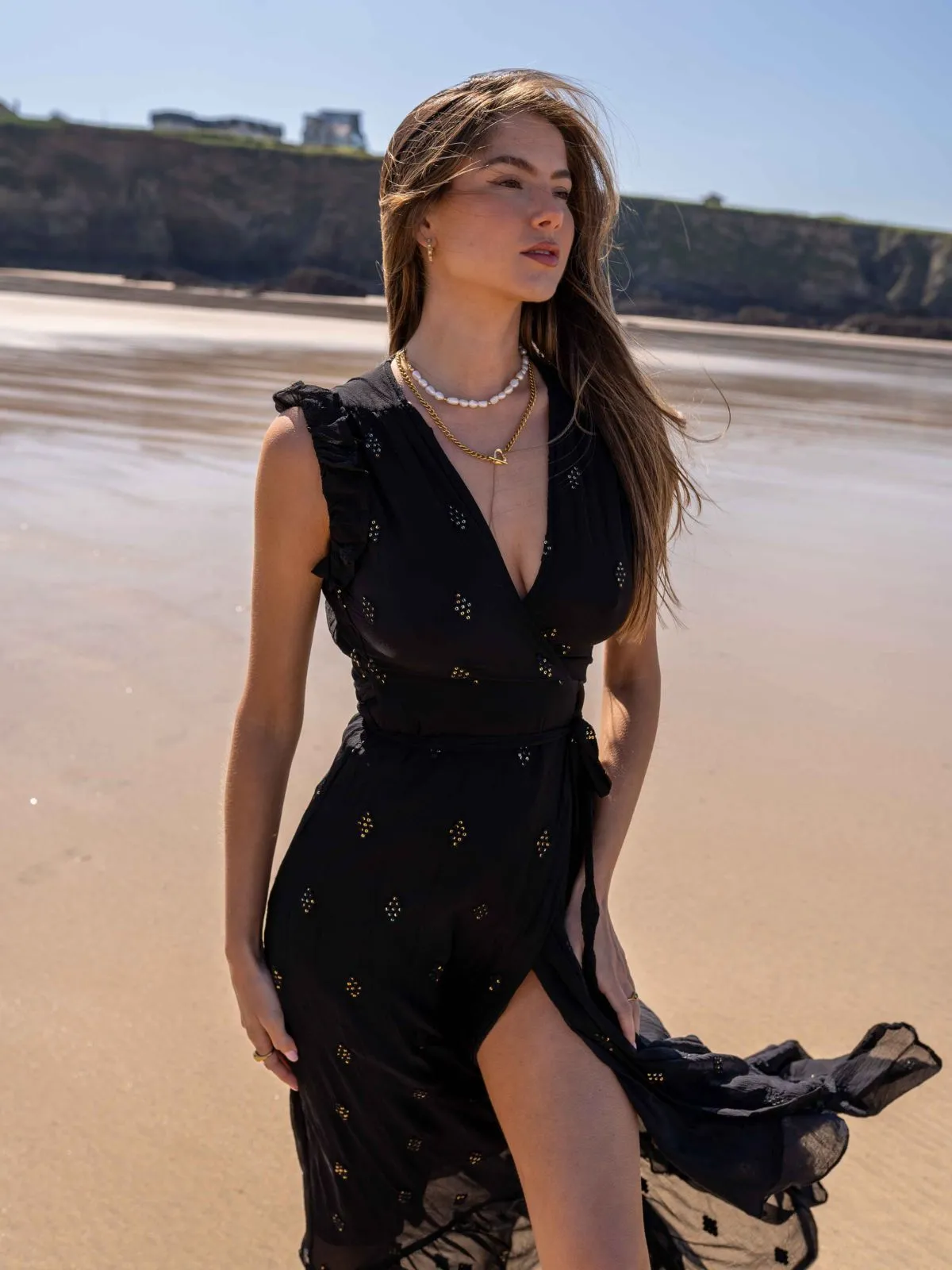 South Beach Lagos Sequin Wrap Midi Beach Dress / Black