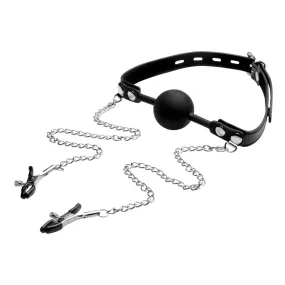 Strict Silicone Ball Gag With Nipple Clamps Black Silver