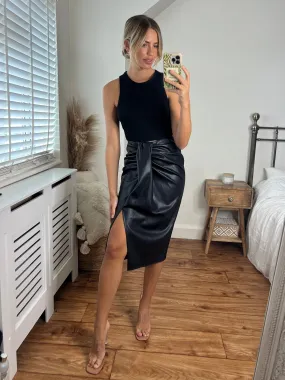 Valencia High Waist Drape Skirt / Black PU